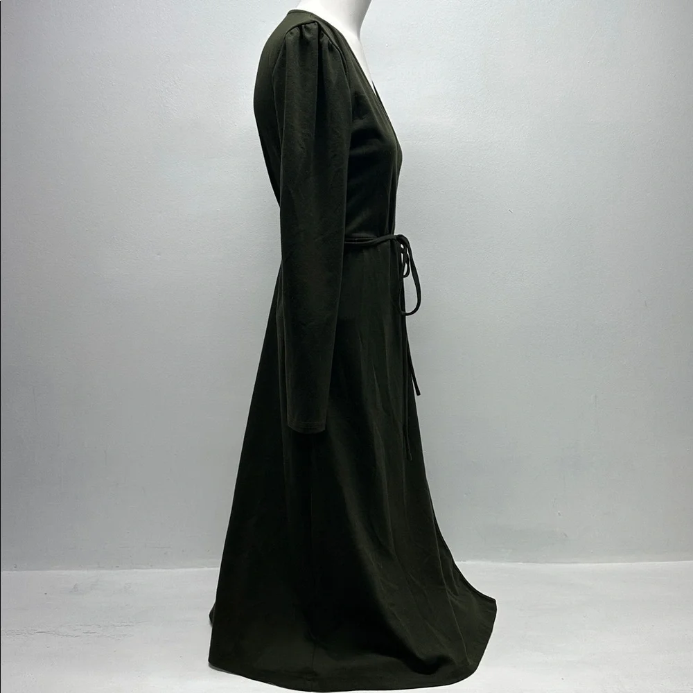 Emerson Fry Ballet Wrap Dress Adjustable Tie Waist Puff Sleeve Olive Green XS